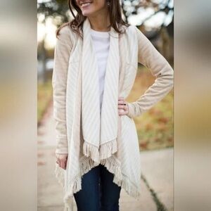 Anthropologie Saturday Sunday Cream Striped Fringe Cardigan Shawl Poncho Size S